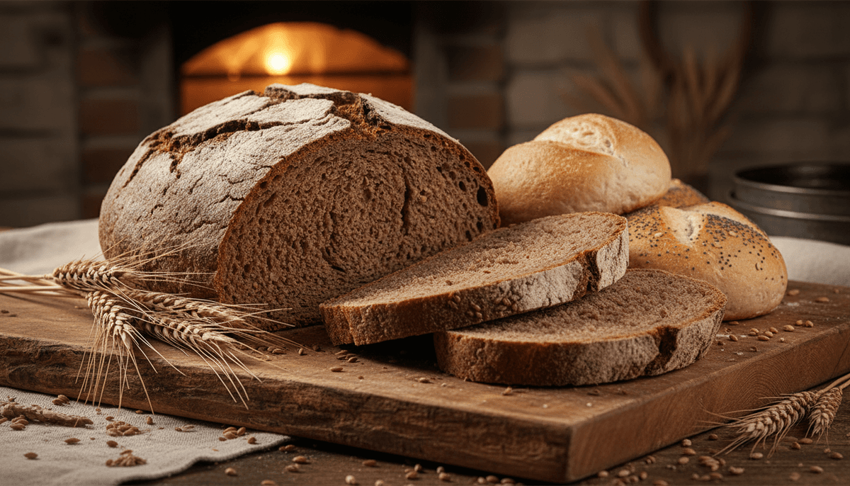 Assortment of Eastern European breads including dark Borodinsky rye sliced on rustic wooden board
