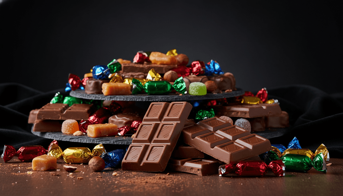 Colorful assortment of European chocolates including Milka, Alyonka and imported candies