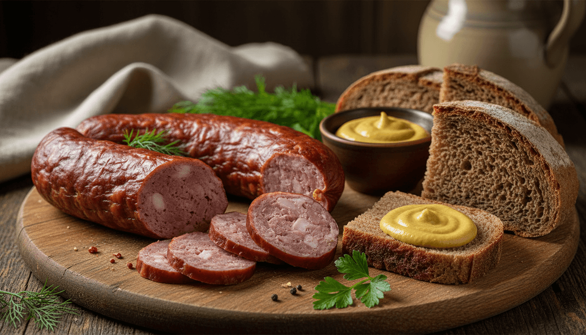 Variety of Eastern European kolbasa sausages sliced on wooden cutting board with dark rye bread