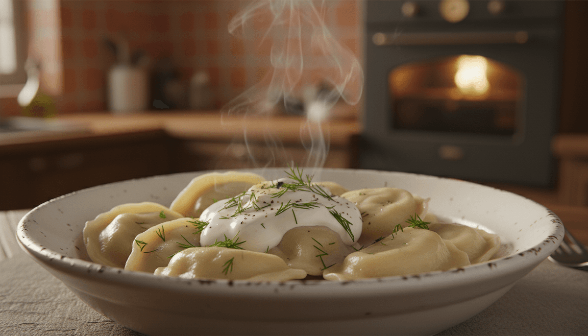 Russian pelmeni dumplings in a white bowl topped with sour cream and fresh dill