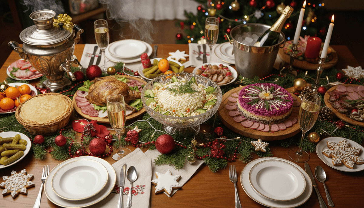 Traditional Russian New Year feast table with Olivier salad, herring under fur coat, and champagne glasses