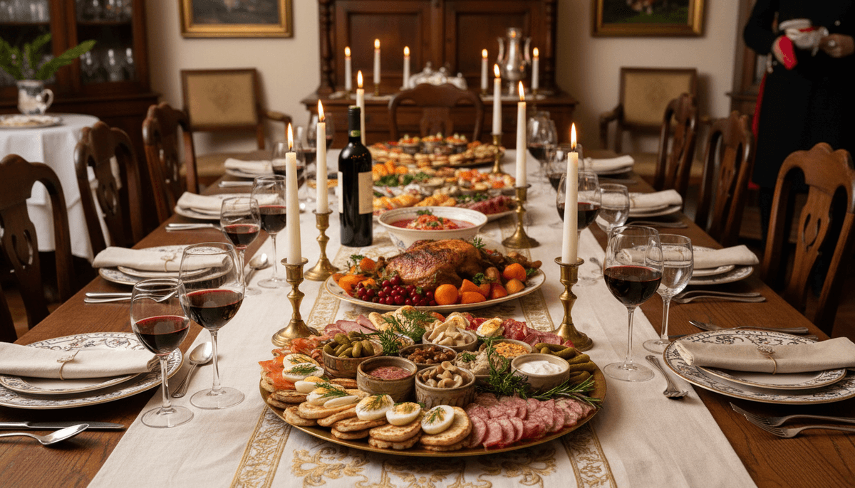 Elegant Eastern European dinner party table with zakuski appetizers, candles, and wine glasses