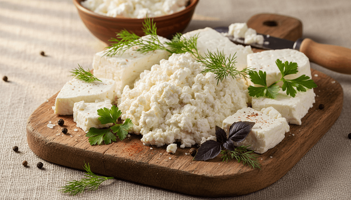 Assortment of Eastern European cheeses including white tvorog and crumbly brynza on wooden board