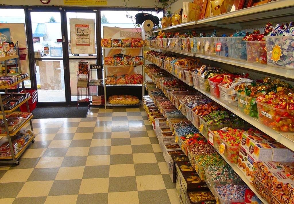 Candy and chocolate aisle with imported European sweets at Kalinka Euro Market