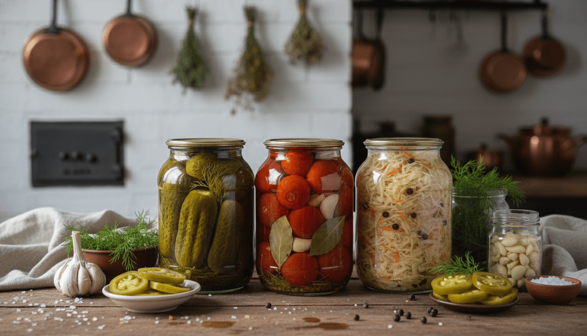 Traditional Russian pickled cucumbers and fermented vegetables in glass jars with dill and garlic