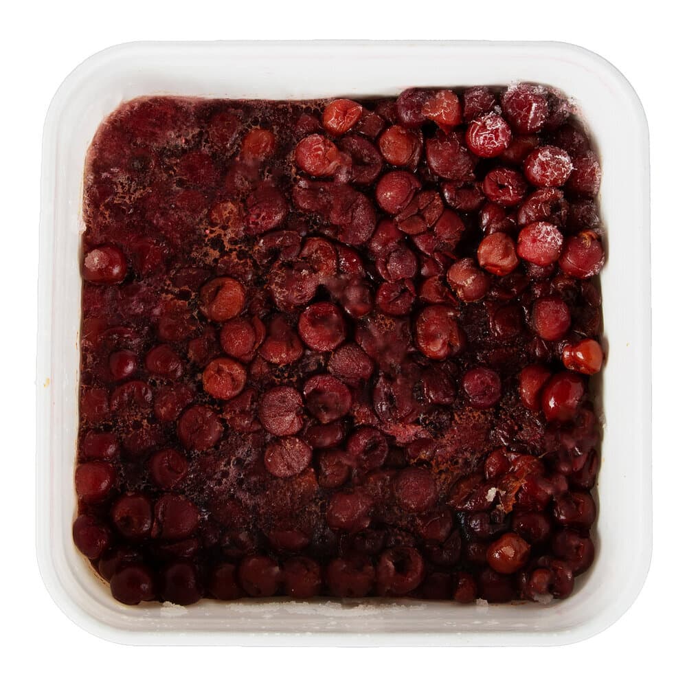 A bucket of frozen pitted tart cherries
