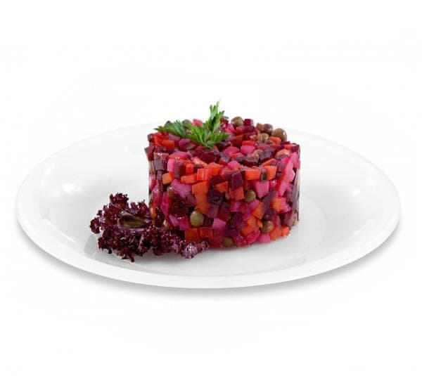 Traditional Russian vinegret beet salad with carrots and peas — similar ingredients to authentic borscht
