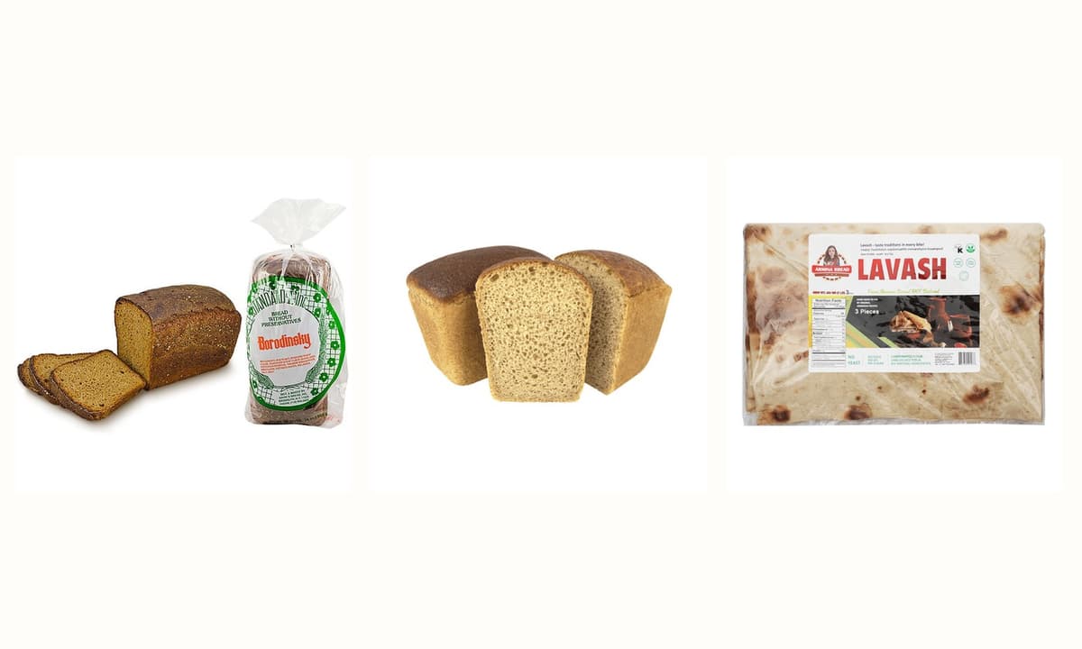 Photographs of rye bread, Darnitsky bread and Armenian lavash