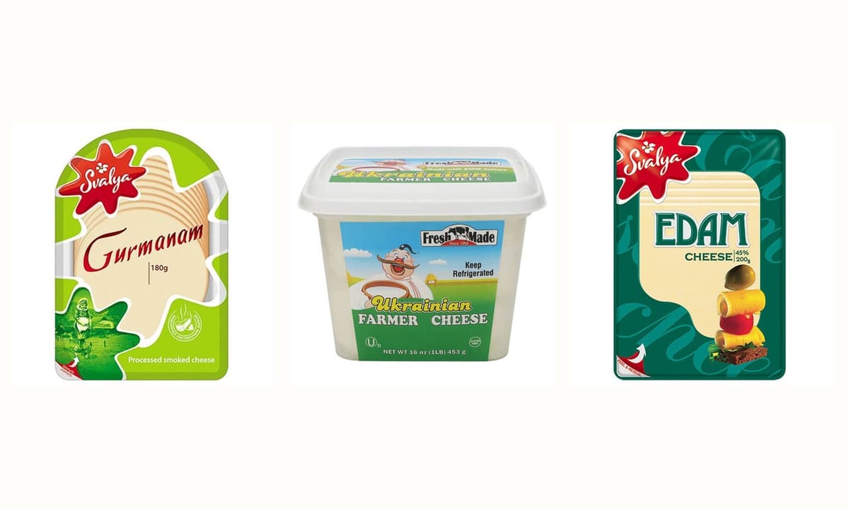 Photographed packages of smoked cheese, farmer cheese and Edam