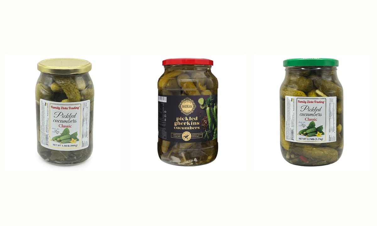 Photographed jars of cucumbers, tomatoes and cornichons